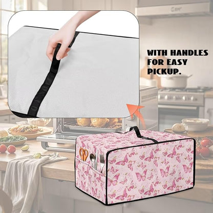 Pink Butterfly Print Microwave Oven Dust Cover Polyester-Linen Fabric Dust Cover for Microwave Oven Universal Dust-Proof Kitchen Appliance Protector Fits Most Microwaves, L