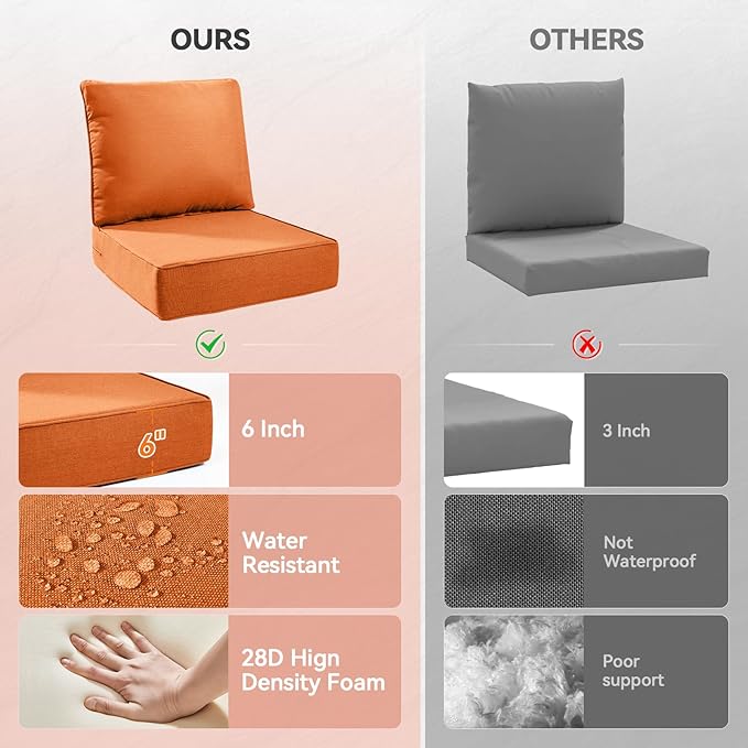 Luxury 6" Outdoor Cushions for Patio Furniture, 24x24x6" Thick Seat Cushion Set of 6, Fade Resistant Couch Chair Replacement Cushions High Density Deep Wicker Chair Cushion w/ Removable Cover, Orange