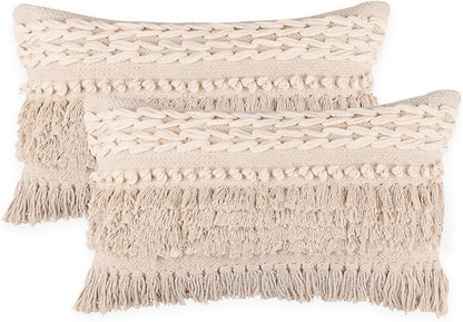 REDEARTH · Boho Textured Throw Pillow Cushion Covers- Lumbar Woven Tufted Decorative Farmhouse Cases Set for Couch, Sofa, Bed, Chair, Dining, Patio, Outdoor; 100% Cotton (12"x20", Natural) Pack of 2