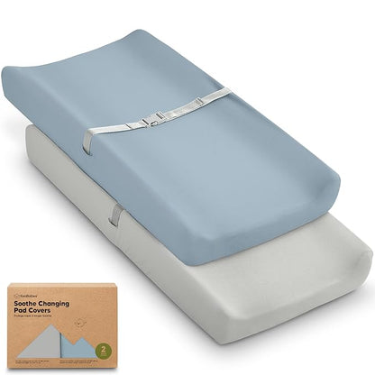 2-Pack Organic Changing Pad Covers for Girl, Boy, Neutral - 100% Cotton Changing Table Pad Cover, Soft Baby Nursery Diaper Changing Pad Sheets, Contour Changing Pads Liners, Change Pad Cover (Steel)