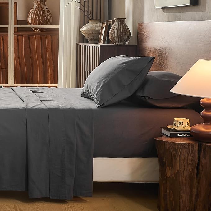 100% Linen Sheet Set Cal King Size Extra Deep Pocket Fits 18-24 Inch Mattress, Breathable & Soft, Smooth 4-Piece Set for Thick Mattresses Hotel Luxury Bedding（Cal King, Dark Grey）