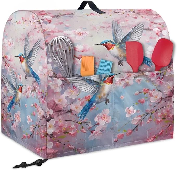 Kitchen Aid Mixer Cover Hummingbird Flower Dust Cover with Pockets and Handle, Pink, Waterproof, Polyester, Fits Most Stand Mixers