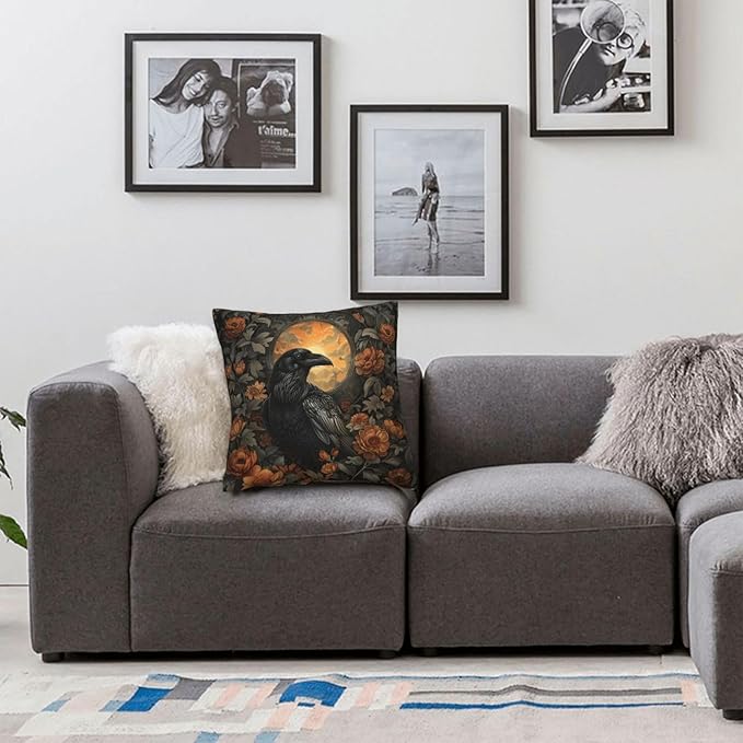 Mystical Raven Art Print Decor, William Morris Abstract Vintage Floral Design 16x16 inches Throw Pillow Covers Square Pillowcases Decor for Bed Couch Sofa Room Cushion Covers