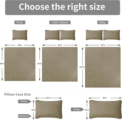 Easy-Going King Size Reversible Quilt Set with 1 Quilt and 2 Pillow Shams, Soft Bed Quilt Cover, Water Resistant Lightweight Microfiber Bedspread, Stain Resistant, Olive Leaf-Beige/Beige