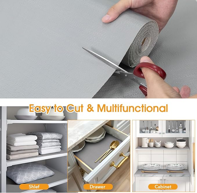 Shelf and Drawer Liner for Kitchen Cabinets Non-Adhesive, Strong Grip Non-Slip Thickened Cabinet Liners for Shelves, Waterproof Mats for Dresser Cupboard, Pure Gray, 12 in x 30 Feet