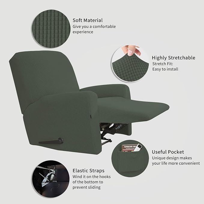 Easy-Going Recliner Stretch Sofa Slipcover Sofa Cover 4-Pieces Furniture Protector Couch Soft with Elastic Bottom Kids Spandex Jacquard Fabric Small Checks(Recliner,Olive Green,Large)