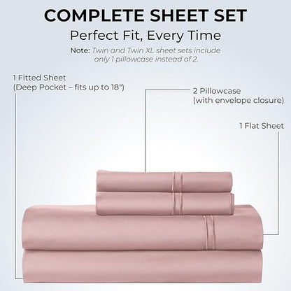 100% Natural Cotton Sheets Queen Size Bed Set | 500 TC Single-Ply Sateen Weave | Soft, Breathable, Hypoallergenic Solid 4-Piece Bedding with Deep Pocket Fitted, Flat, Pillowcase | Blush
