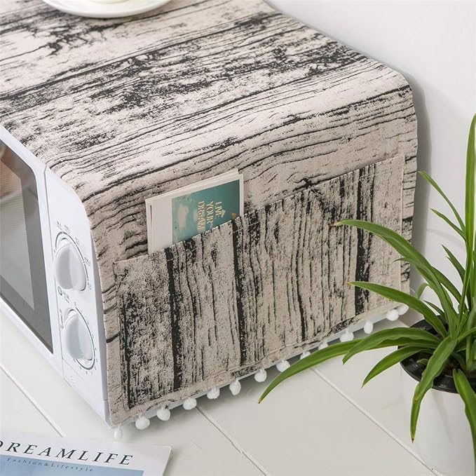 AKOAK 1 Pack 30cm x 90cm/11.81" x 35.43" Household Kitchen Microwave Dust Cover Cotton Linen Oven Cover with Storage Bag Home Decoration Accessories (Wood Grain)