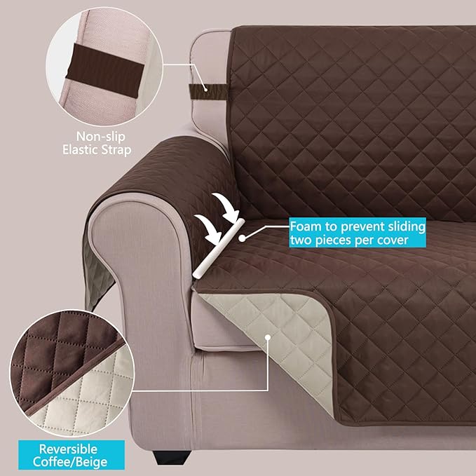 U-NICE HOME Loveseat Sofa Cover Reversible Couch Cover for Dogs with Elastic Straps Water Resistant Furniture Protector for Pets Couch Cover for 2 Cushion Couch (Loveseat, Coffee/Beige)