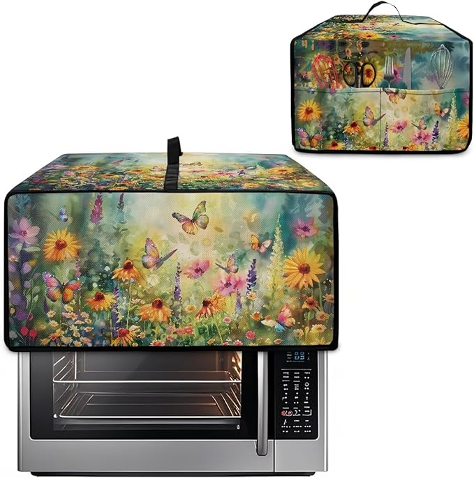 Microwave Oven Dust Cover with Storage Bags Waterproof Microwave Oven Grill Cover Protector Universal Reusable Decor Accessories for Kitchen, Vintage Daisy Sunflower Floral Butterfly Print, S