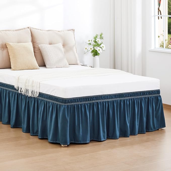 RIMELA Dusty Navy Bed Skirt Queen Size 15 Inch Drop, Wrap Around Elastic Bedskirt, Dust Ruffle for Adjustable Bed Base Machine Washable Easy to Install Bed Skirts