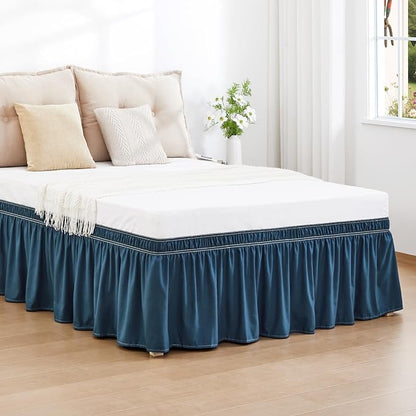 RIMELA Dusty Navy Bed Skirt Queen Size 15 Inch Drop, Wrap Around Elastic Bedskirt, Dust Ruffle for Adjustable Bed Base Machine Washable Easy to Install Bed Skirts