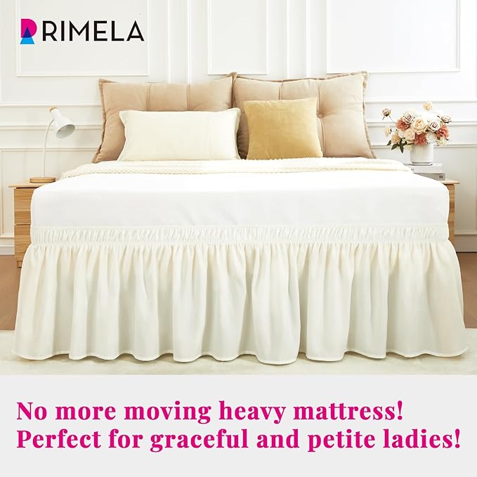 RIMELA Cream Bed Skirt Queen Size 12 Inch Drop, Wrap Around Elastic Adjustable Bedskirt, Bed skirting Dust Ruffle for Bed Frame & Box Spring Soft Durable Fabric Machine Washable Easy to Install