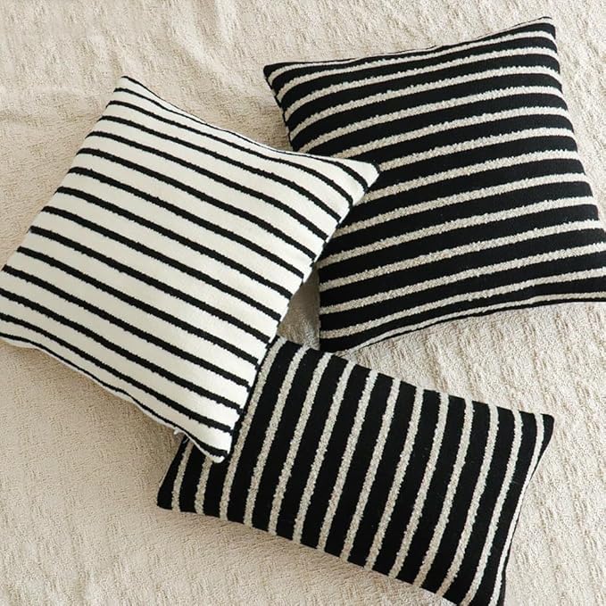 Jonhier Black Striped Boho Throw Pillow Cover, Modern Boucle Textured Square Pillowcase for Sofa Couch Bed, Neutral Farmhouse Accent Decorative Cushion Cover for Living Room Bedroom, 20 x 20 inch