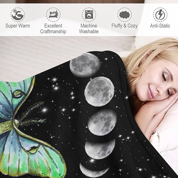 Moth Floral Flannel Blanket, Gothic Witchy Moon Phase Botanical Vintage Wildflower Plantsprint Soft Warm Fuzzy Throw Blanket for Couch Sofa Office Bed, 60"x80"