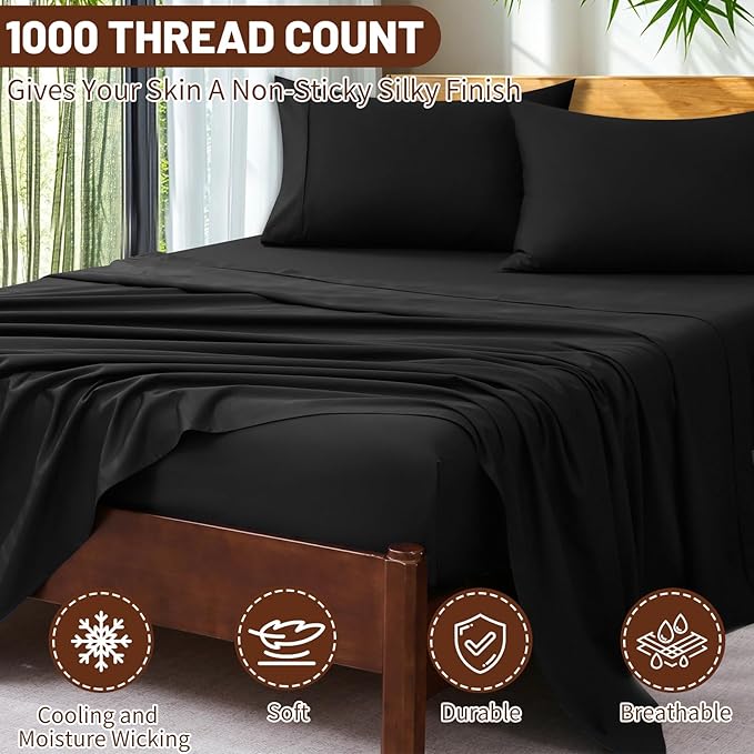 Extra Deep Pocket King Sheets 18-24 Inch 100% Egyptian Cotton 1000 Thread Count Sateen Weave Soft Breathable 4 Pieces（King，Black）