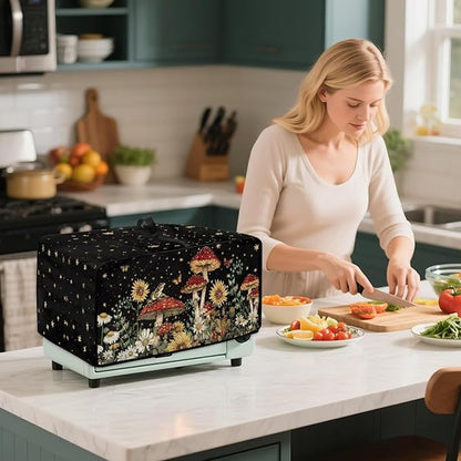 Microwave Oven Dust Cover Waterproof Toaster Oven Cover Foldable Polyester-Linen Small Appliance Dust Covers Suitable with Storage Bags, Mushroom Sunflower Daisy Star Butterfly Print, M