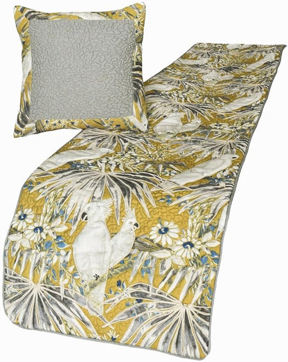 The HomeCentric King/Queen/Twin Grey & Yellow Decorative Twin 53"x18" Bed Runner with Pillow Cover, Cockatoo Bird & Quilted Bed Scarf on Cotton Fabric - Cockatoo Love