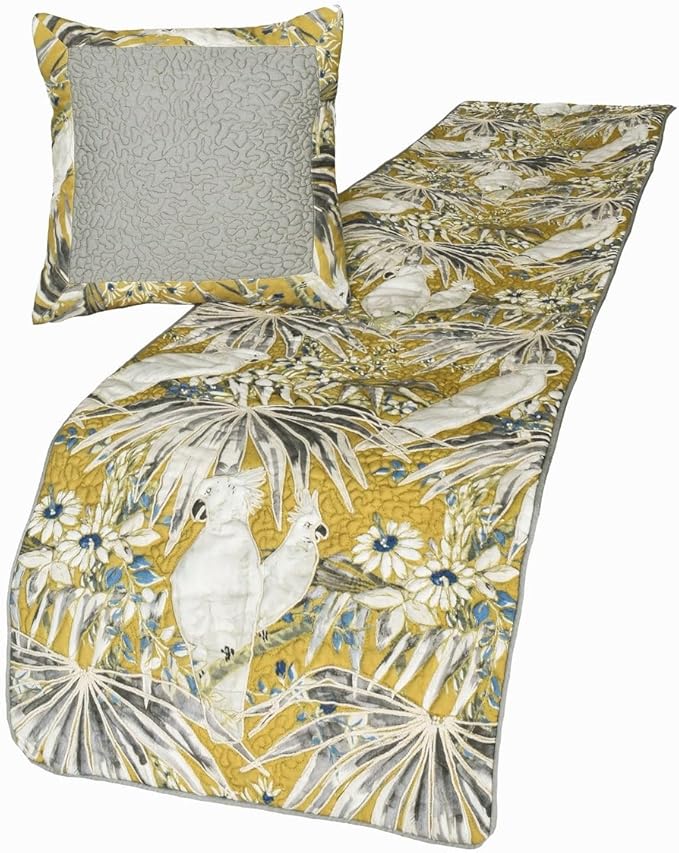 The HomeCentric King/Queen/Twin Grey & Yellow Decorative Queen 74"x18" Bed Runner Without Pillow Cover, Cockatoo Bird & Quilted Bed Scarf on Cotton Fabric - Cockatoo Love