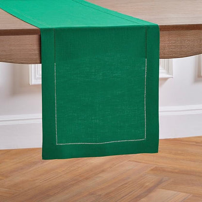 Solino Home Linen Emerald Green Hemstitch Table Runner 60 Inches - 100% Pure Linen Small Table Runner 14 x 60 Inch Ideal for Dresser and Coffee Tables - Classic Hemstitch - Christmas, New Year