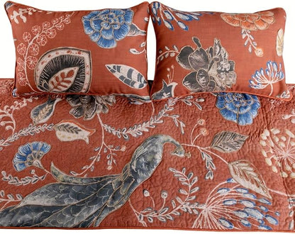 The HomeCentric Orange Bed Runner Without Pillow Cover, Twin Size 53"x18" Decorative Bed Runner, Rust or Orange Linen Bed Scarf in Quilted Peacock, Linen & Jute Embroidery - Peacock Soiree