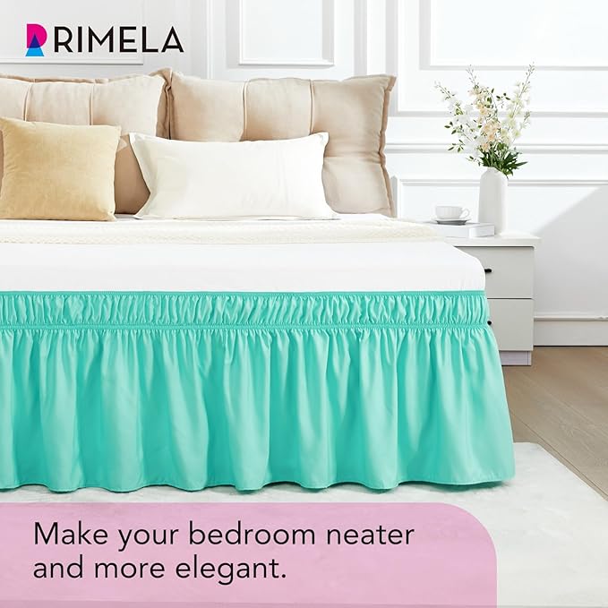 RIMELA Spa Blue Bed Skirt Queen Size 15 Inch Drop, Elastic Bed Skirting for Bed Base and Frame, Bedding Dust Ruffle Easy to Install, Lightweight Wrap Around Adjustable Bedskirt