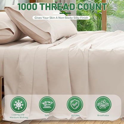 100% Egyptian Cotton Sheets King Size 4PCS 1000 Thread Count Sateen Weave Soft Breathable 16-Inch Deep Pocket （King,Linen）