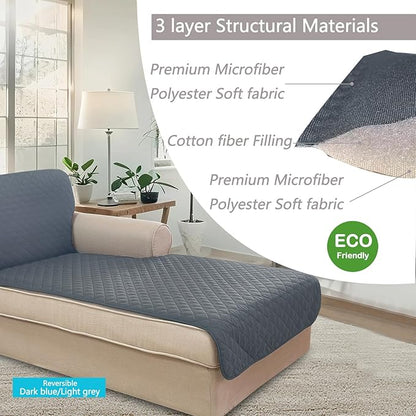 U-NICE HOME Sectional Couch Cover for Dogs Chaise Lounge Reversible Sofa Cover Furniture Protector Cover for Pets with Elastic Adjustable Strap (Chaise Lounge, Dark Blue/Light gre)