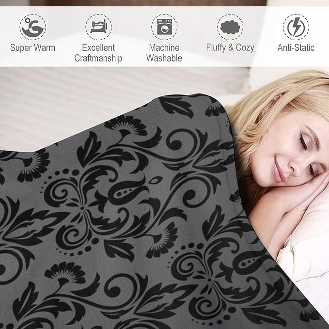 Black Damask Blanket, Antique Victorian Style Gothic Vintage Black Floral Bohemian Exotic Print Blanket for Sofa Bed Decor Fuzzy Blanket Twin, 60"x80"