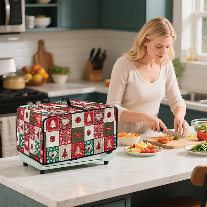Christmas Holiday Decor Toaster Oven Cover Countertop Convection Oven Cover Smart Microwave Oven Accessories and Decor, L, 18.5 x 22.5 x 13 Inches, Christmas Patchwork Print Red Green