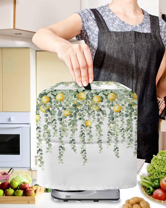 Sage Green Leaves Stand Mixer Dust Cover with Storage Pocket & Handles, Fits All Tilt Head & Bowl Lift Eucalyptus Vines Lemon Kitchen Appliance Cover Organizer Spring Bag Accessories, 6-8 Quart