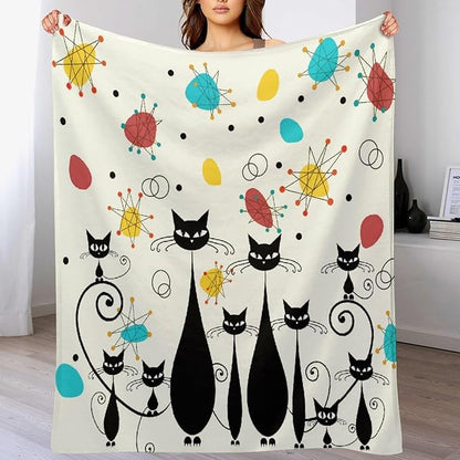 Mid Century Modern Throw Blanket, Atomic Black Cat Starbursts Iconic Sputnik Retro Abstract Geometric 1950s 1960s Throw for Adults Kids Pet, Beige Black 50"x60"