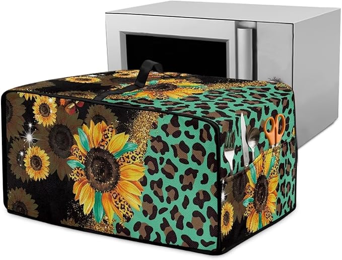 Toaster Oven Protective Cover with Side Pockets, Dustproof Smart Microwave Oven Protector for Kitchen Countertop, L, 18.5 x 22.5 x 13 Inches, Sunflower Leopard Print