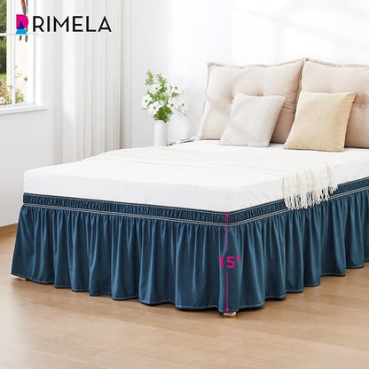 RIMELA Dusty Navy Bed Skirt Queen Size 15 Inch Drop, Wrap Around Elastic Bedskirt, Dust Ruffle for Adjustable Bed Base Machine Washable Easy to Install Bed Skirts