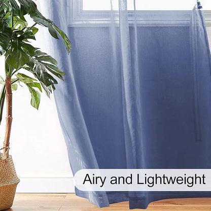 XWZO Sheer Curtains for Living Room with Tiebacks, Light Filtering Faux Linen Voile Grommet Window Curtains for Living Room, Farmhouse, Study, Dusty Blue, 52 x 63 Inches Length, Set of 2 Panels