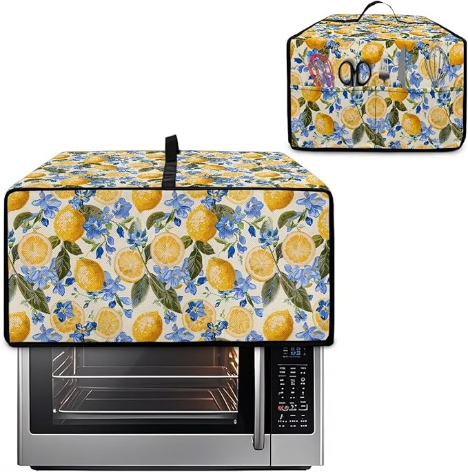 Waterproof Dust-Proof Microwave Oven Grill Cover Protector Lemon Floral Leaf Print Polyester-Linen Fabric Dust Cover with Storage Bags Case Protections for Microwave Oven, L
