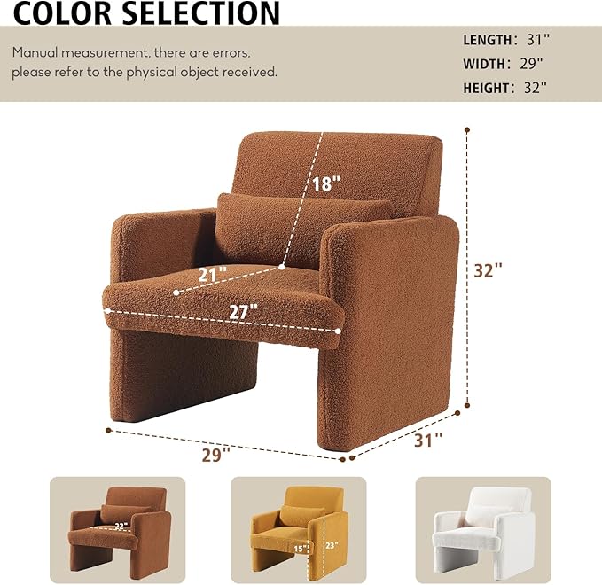 Gaussen Sherpa Accent Chair Mid Century Modern Living Room Chairs with Pillow Fluffy Single Sofa Chair Upholstered Arm Chair Oversized Reading Chair Comfy Chair for Bedroom/Office/Cafe (Autumn)