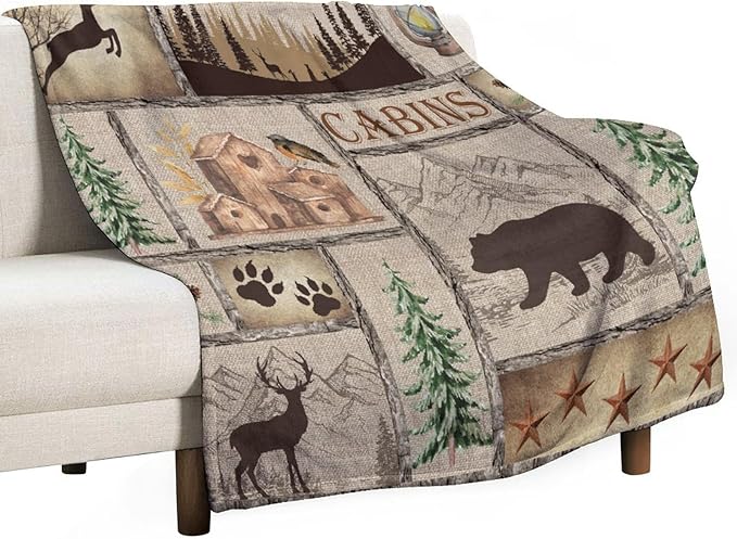 Rustic Cabin Bear Blanket, Lake Country Lodge Bear Deer Forest Farmhouse Camp Print Soft Warm Cozy Lightweight Decorative Blanket for Couch Bed Sofa Travel, 40"x50"