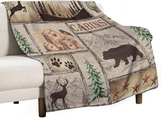 Rustic Cabin Bear Blanket, Lake Country Lodge Bear Deer Forest Farmhouse Camp Print Soft Warm Cozy Lightweight Decorative Blanket for Couch Bed Sofa Travel, 40"x50"