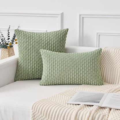 Kevin Textile 12x24 Inch Pillow Cover 1 Pack Boho Decorative Soft Striped Corduroy Lumbar Farmhouse Solid Color Accent Rectangle Cushion Case for Living Room Couch Sofa Bed, Sage Green