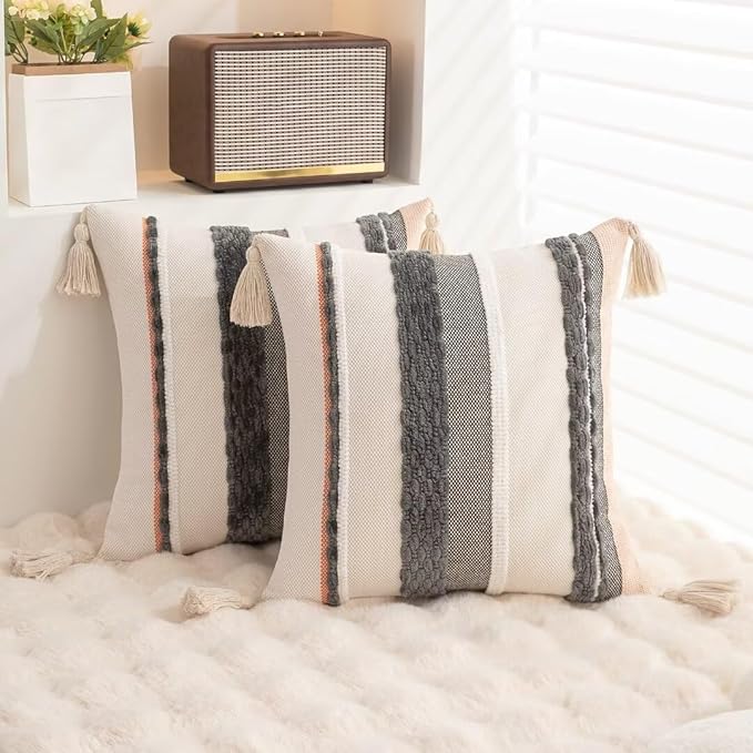 Boho Throw Pillow Covers 18x18 Set of 2 Woven Tufted Farmhouse Pillows Cover with Tassels Textured Striped Cushion Case Neutral Pillow Cases Decorative Pillowcase for Sofa Couch,Dark Grey