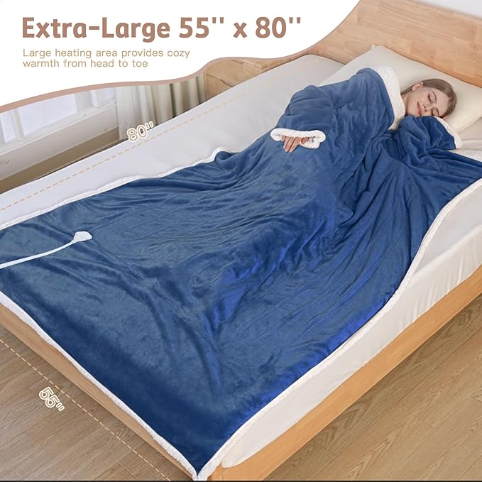 Heated Blanket, 55"×80" Wearable Electric Blanket with Sleeves, Sherpa Snuggle Throw Blanket, Warm Gift for Grandma, Mom, Dad, (Navy)