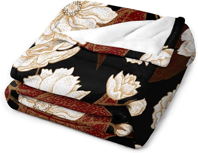 Red Gold Floral Blanket, Boho Dark Flower Leaves Chinese Plum Blossoms Botanical Vintage Throw Blanket for Bed Living Room Bedding Couch Soft Lightweight Warm Cozy Decor, 60"x80"