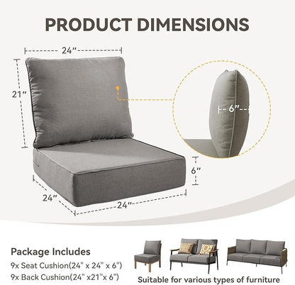 Outdoor Cushion Set for Furniture Patio Furniture, UV Resistant, Water Resistant - 6 Inch Thick Foam Garden Cushions– 24x24 Inch Patio Seat Covers for Chair/Sofa/Couch | Grey | 9-Pack |