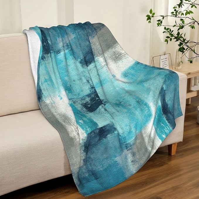 LOKMU Throw Blanket, Teal and Grey Abstract Art Ultra-Soft Cozy Flannel Blankets, Fuzzy Plush Lightweight Modern Blanket for Couch Sofa Bedding Home Decor, 60" L x 50" W