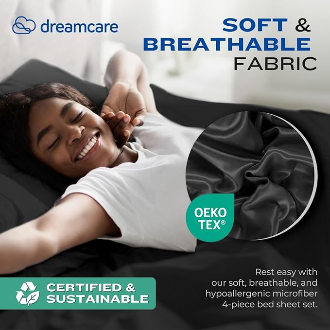 DREAMCARE King Size Sheets Set – 4 pcs Cooling Sheets – up to 21” Deep Pocket King Sheet Set – Hotel Luxury Sheets & Pillowcases – Superior Softness 100% Fine Microfiber with Side Pocket – Black