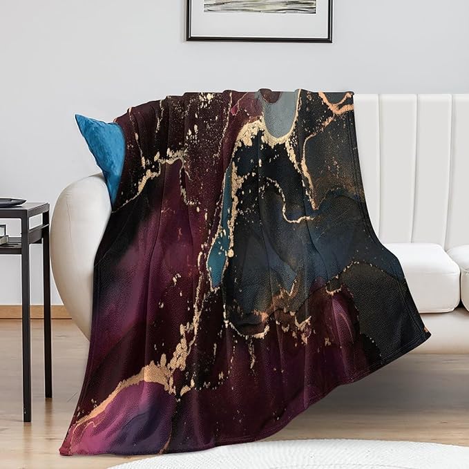Modern Marble Blanket, Abstract Luxury Baroque Golden Purple Blue Stone Veins Pattern Soft Warm Cozy Plush Flannel Covers for Livingroom Bedroom Couch Chair Camping Travel Home Decor Tapestry 60x80in