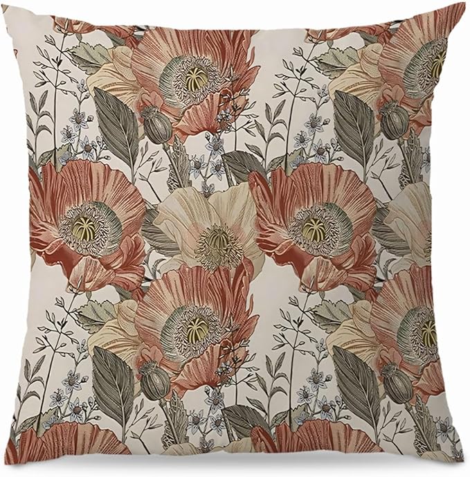 Vintage Boho Floral Pillow Covers 18x18 - Retro Bohemian Decorative Throw Pillow Covers Pillowcases for Living Room Bedroom, Floral Outdoor Pillow Covers, Cottagecore Room Decor (Double-Sided)