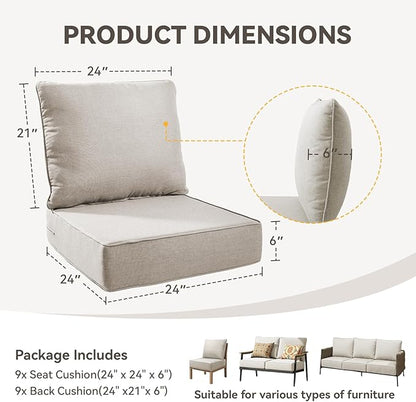 Outdoor Cushion Set for Furniture Patio Furniture, UV Resistant, Water Resistant - 6 Inch Thick Foam Garden Cushions– 24x24 Inch Patio Seat Covers for Chair/Sofa/Couch | Beige | 9-Pack |