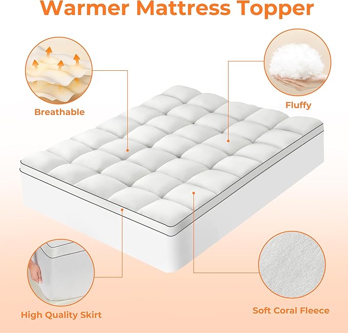 Ultra Soft Coral Fleece King Size Mattress Topper, No Compression Plush Thick Pillow Top Mattress Pad with Deep Pocket, Winter Warm Cozy Bed Topper Cover for Back Pain Relief